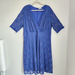 Pinup Fashion 22W Cobalt Blue Fit & Flare Lace V-Neck Nylon Midi Pullover Dress